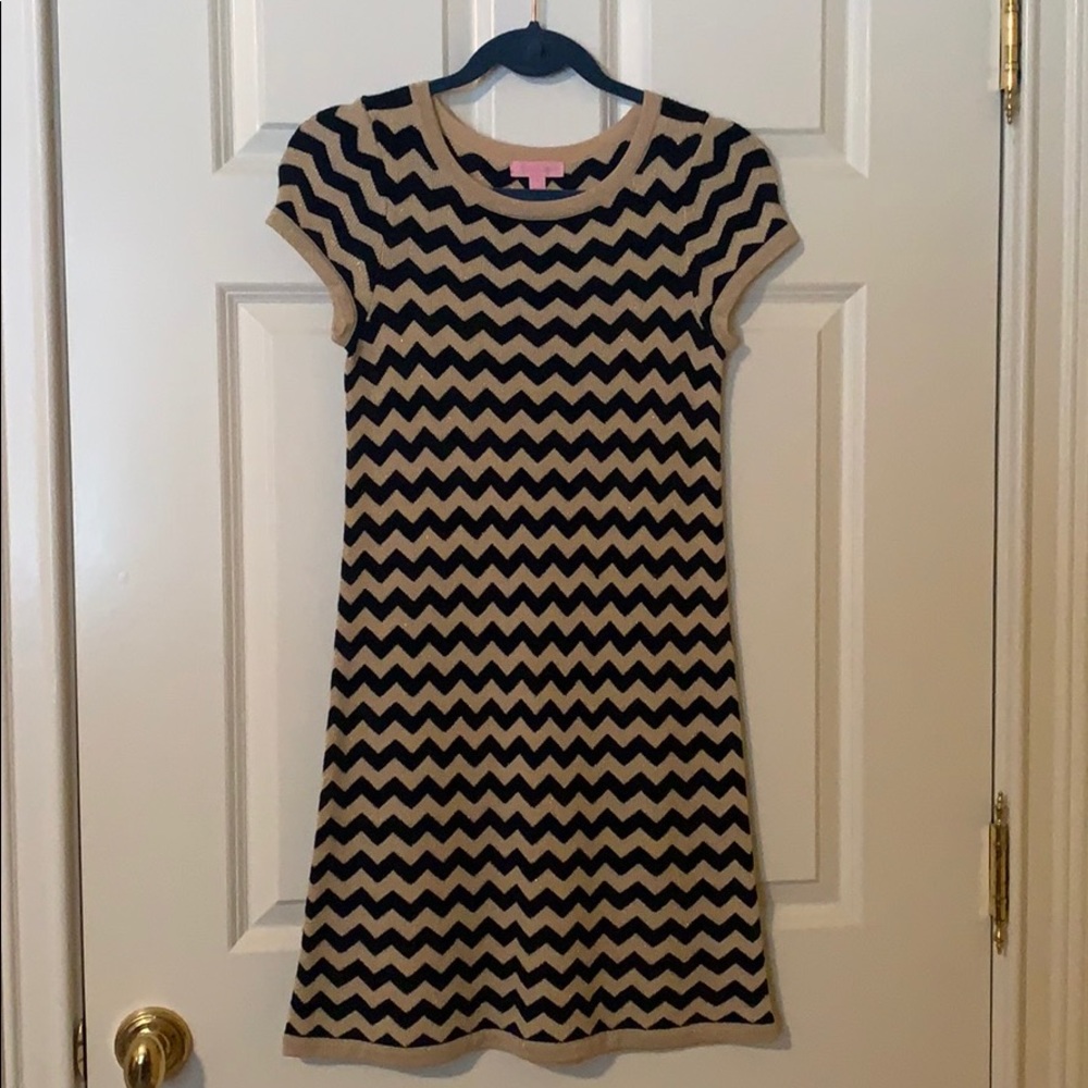 Knit navy and gold sweater dress